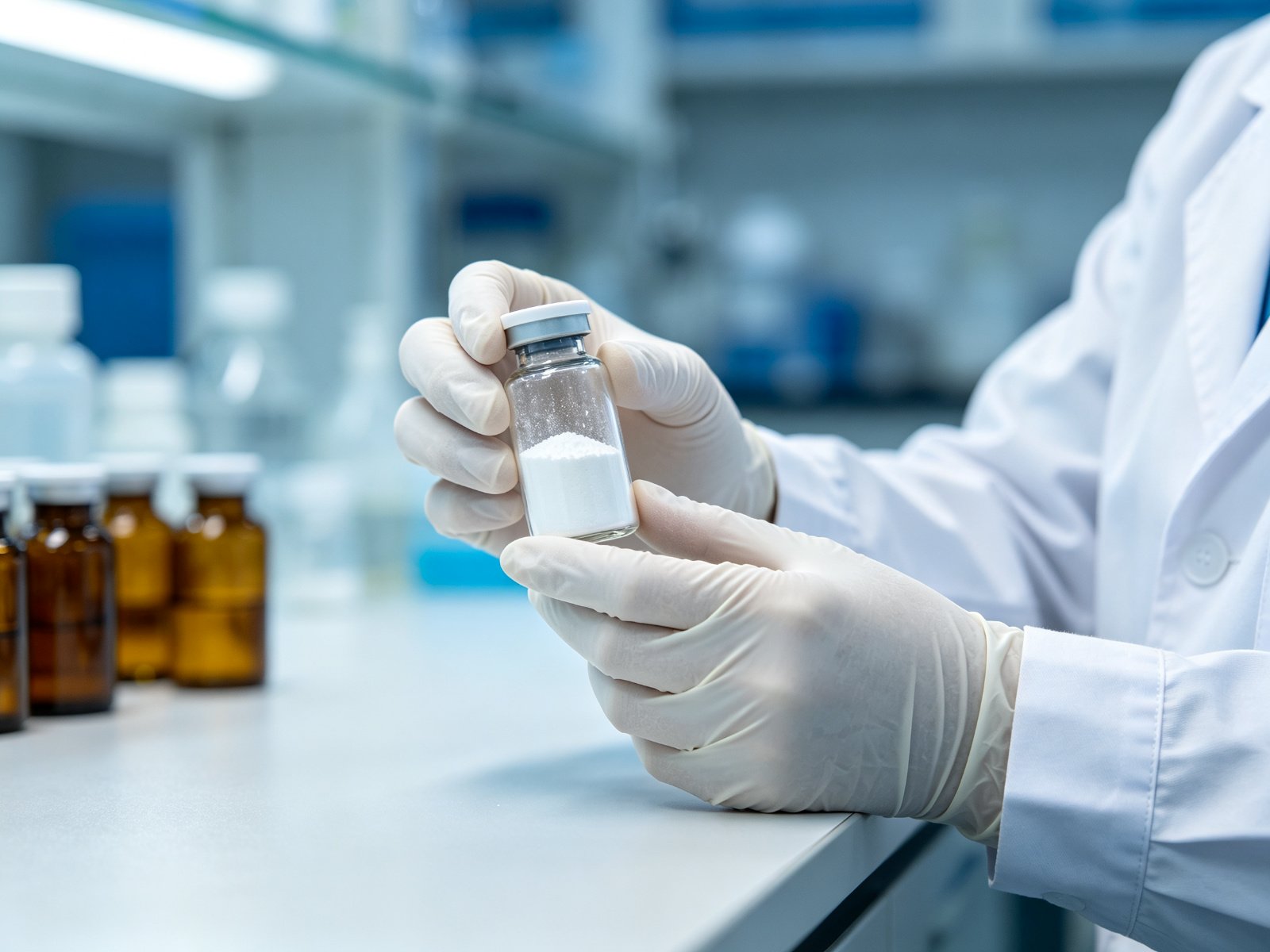 Researcher handling a vial of lyophilized peptide powder in a laboratory