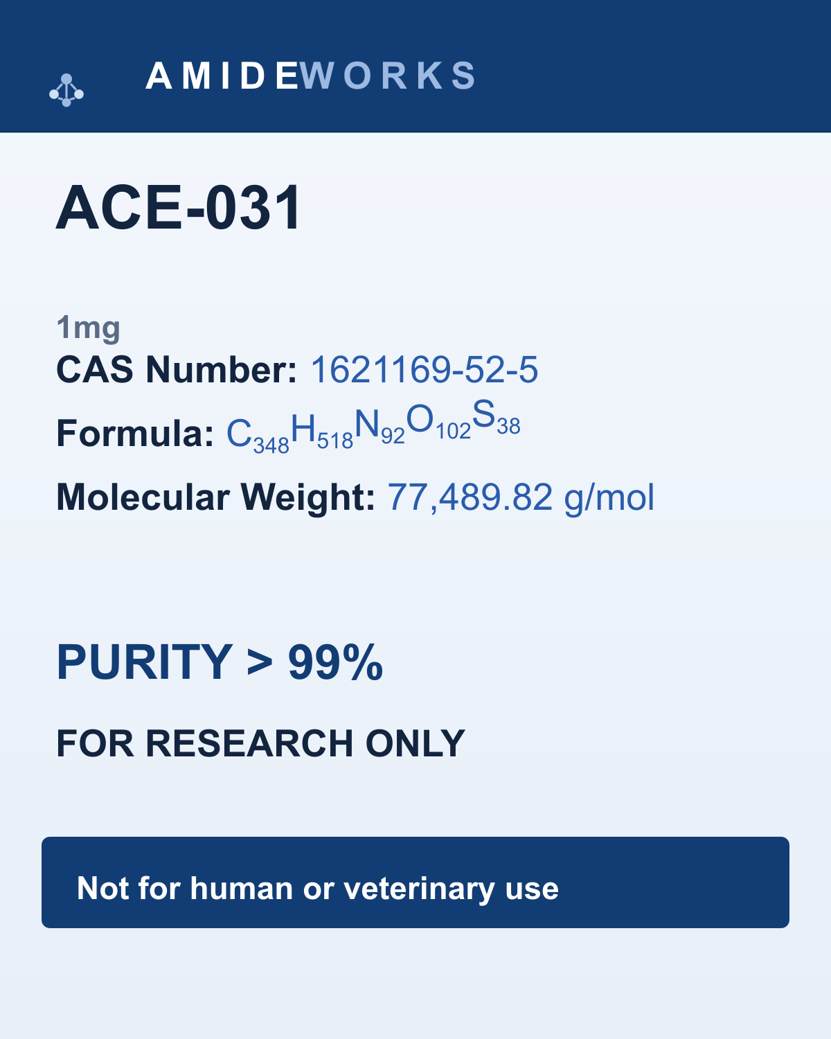 ACE-031 (1mg) — product label, purity above 99%, research use only