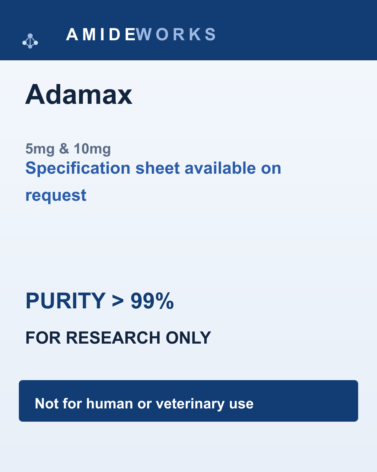 Adamax (5mg & 10mg) — product label, purity above 99%, research use only