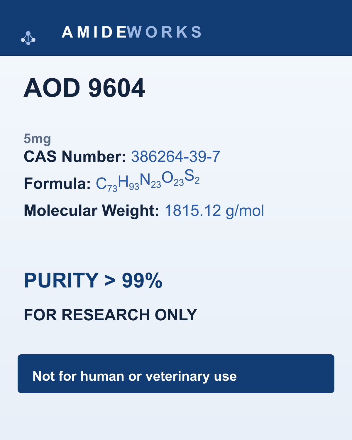 AOD 9604 (5mg) — product label, purity above 99%, research use only