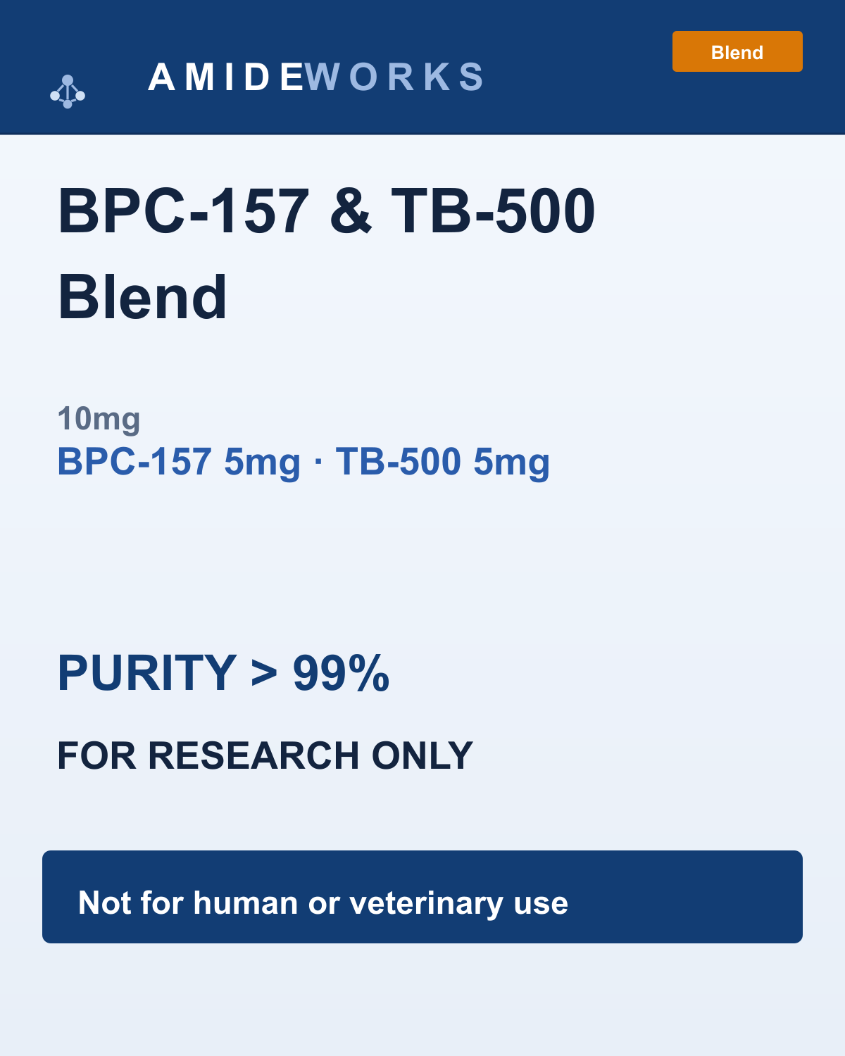 BPC-157 & TB-500 Blend (10mg) — product label, purity above 99%, research use only