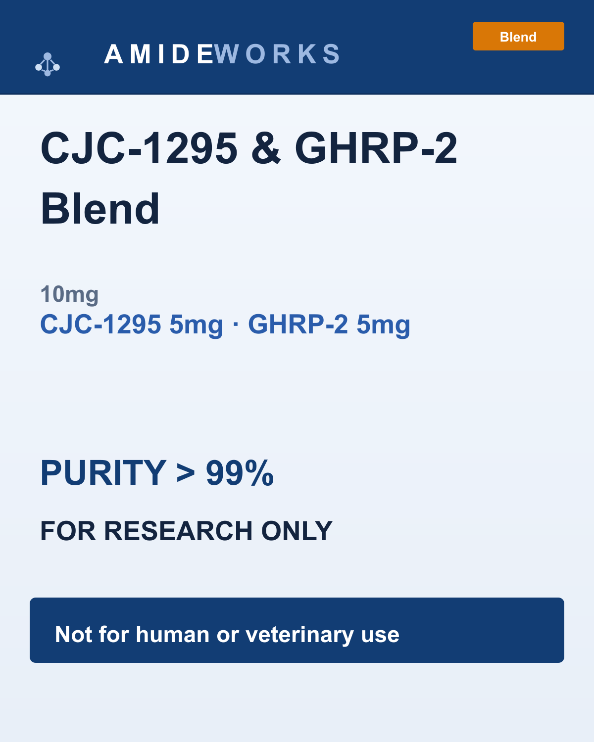 CJC-1295 & GHRP-2 Blend (10mg) — product label, purity above 99%, research use only