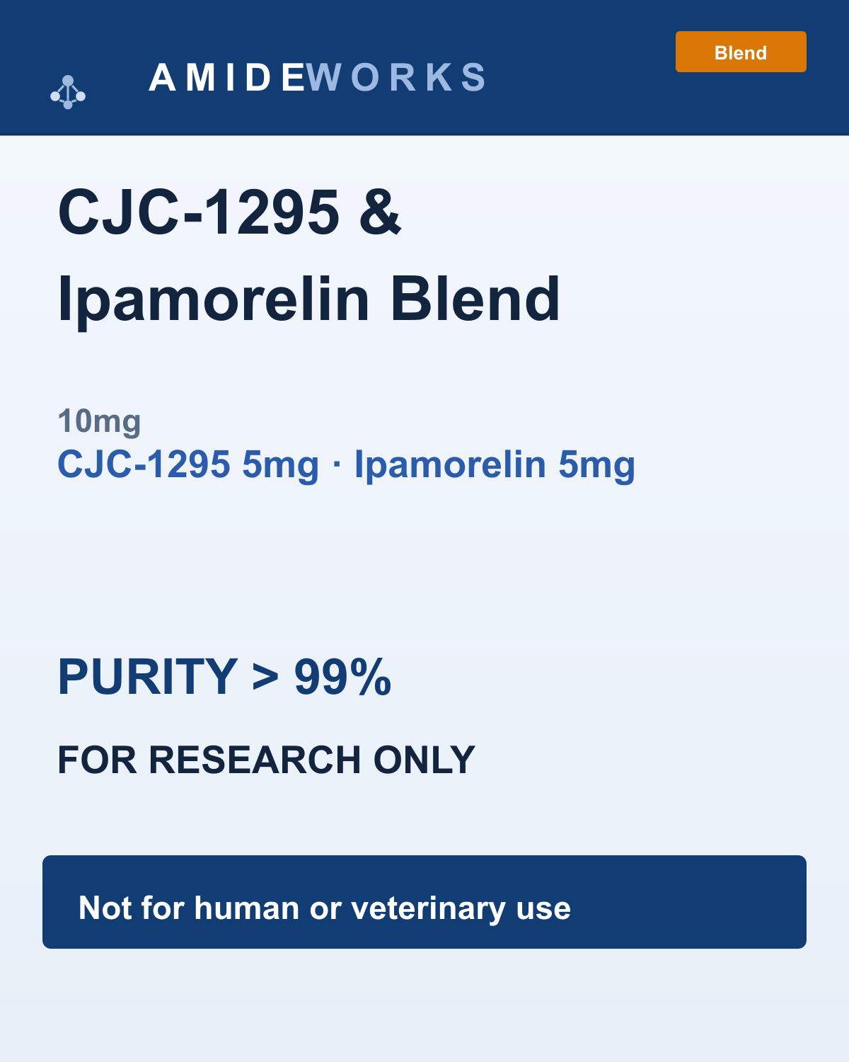 CJC-1295 & Ipamorelin Blend (10mg) — product label, purity above 99%, research use only