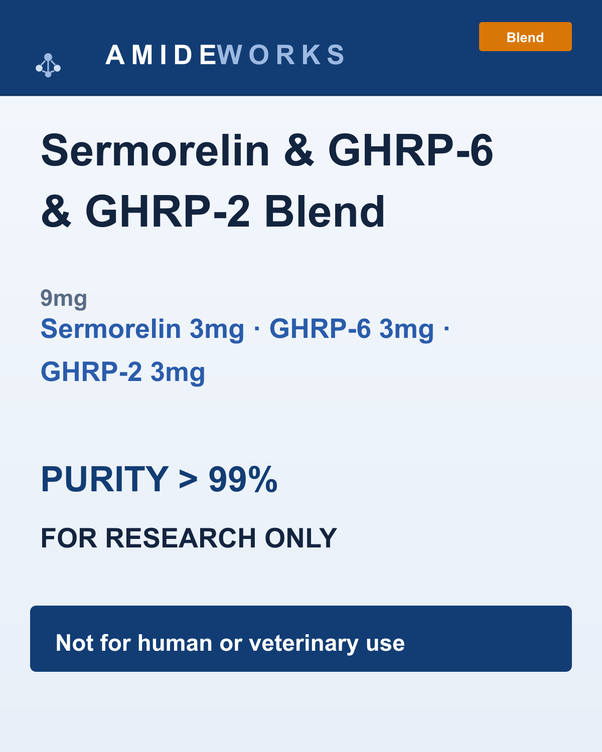 Sermorelin & GHRP-6 & GHRP-2 Blend (9mg) — product label, purity above 99%, research use only