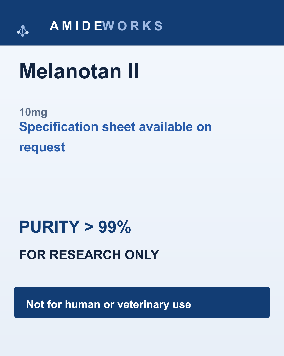 Melanotan II (10mg) — product label, purity above 99%, research use only