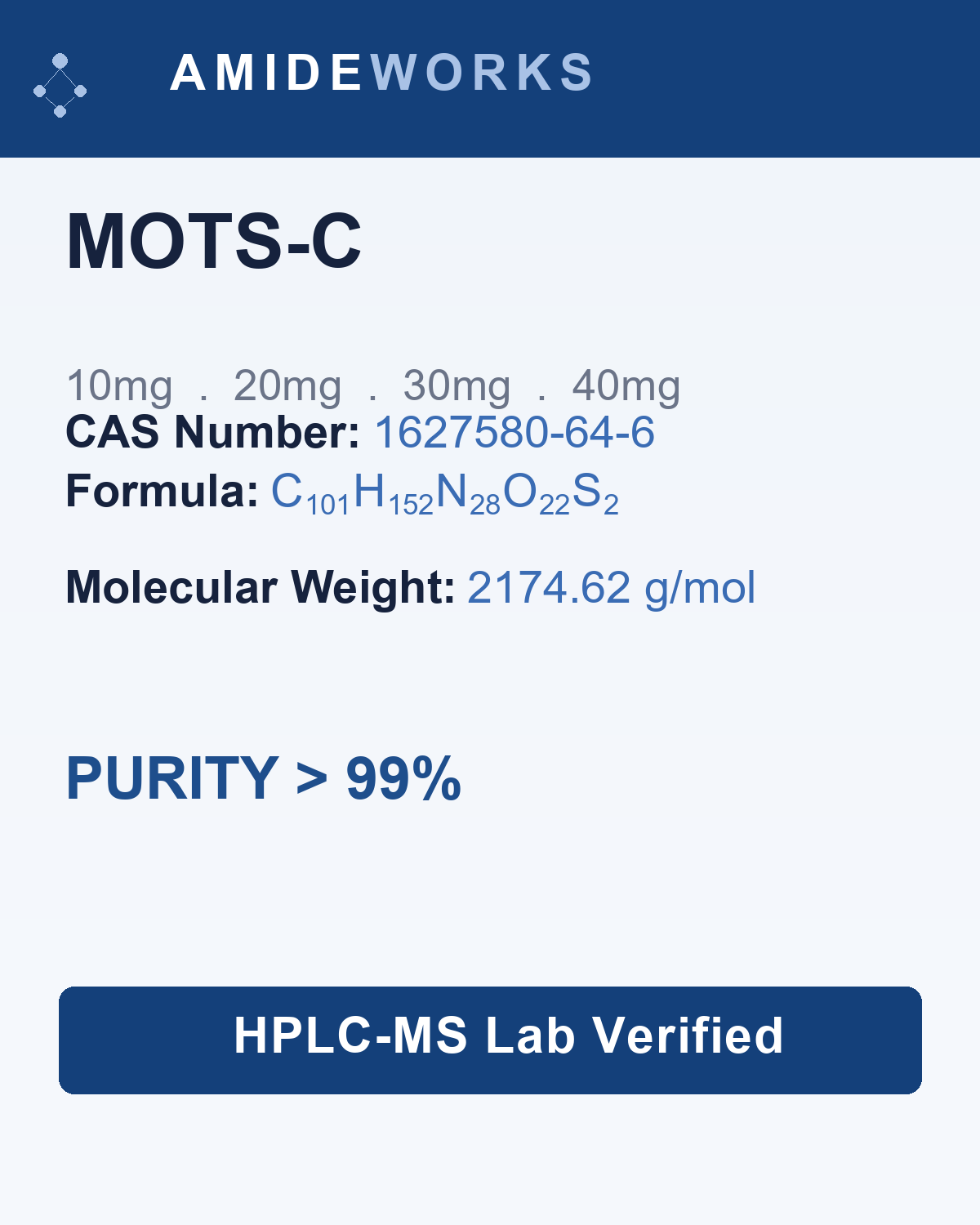 MOTS-C (10mg, 20mg, 30mg, 40mg) —product label, HPLC-MS verified purity above 99%