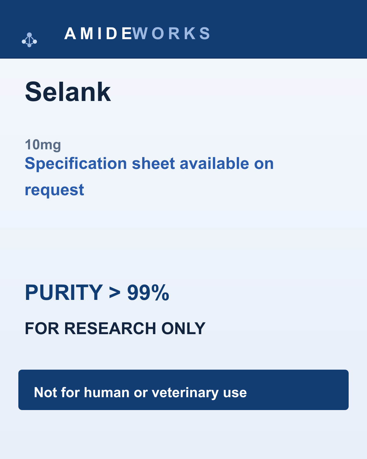 Selank (10mg) — product label, purity above 99%, research use only