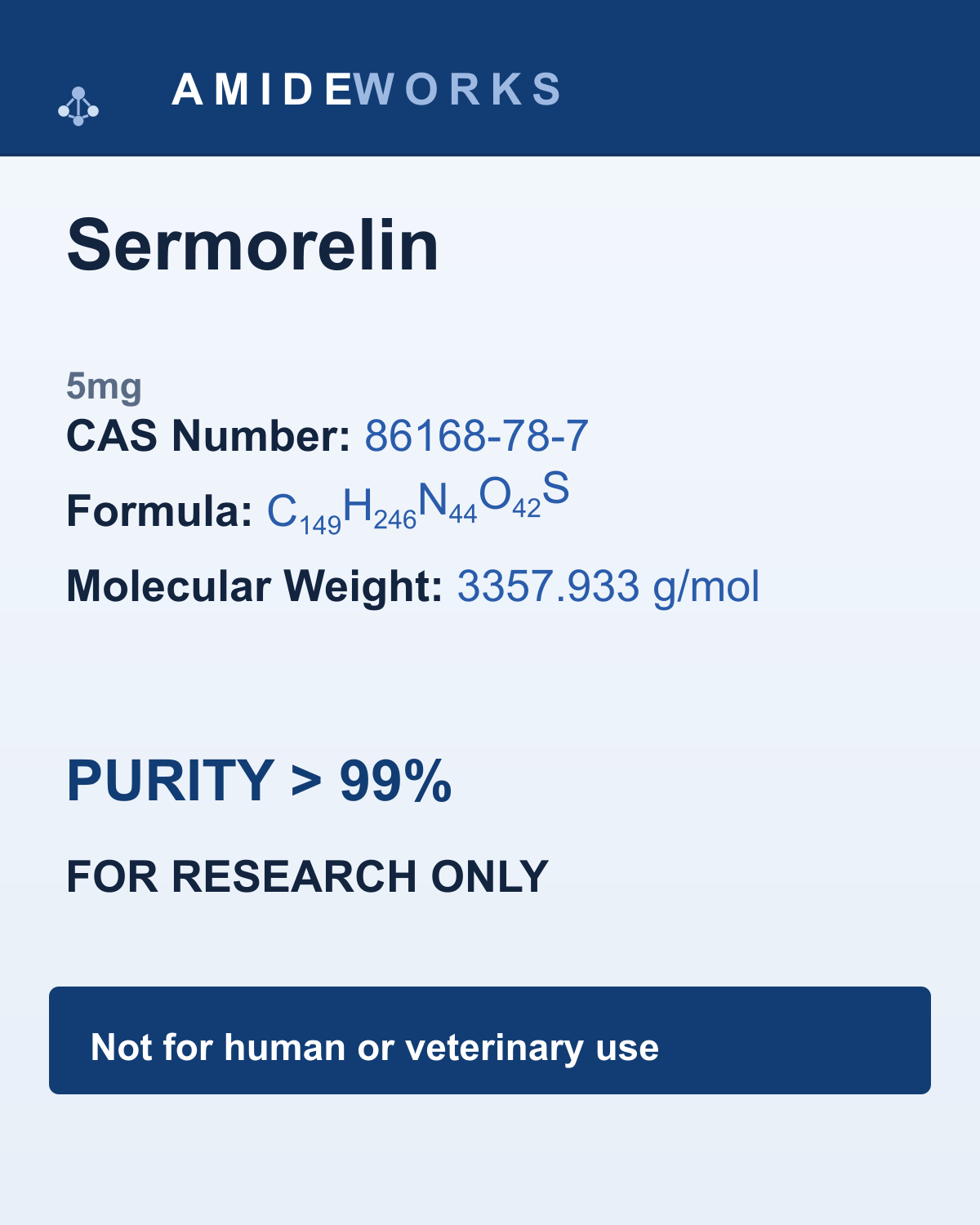Sermorelin (5mg) — product label, purity above 99%, research use only