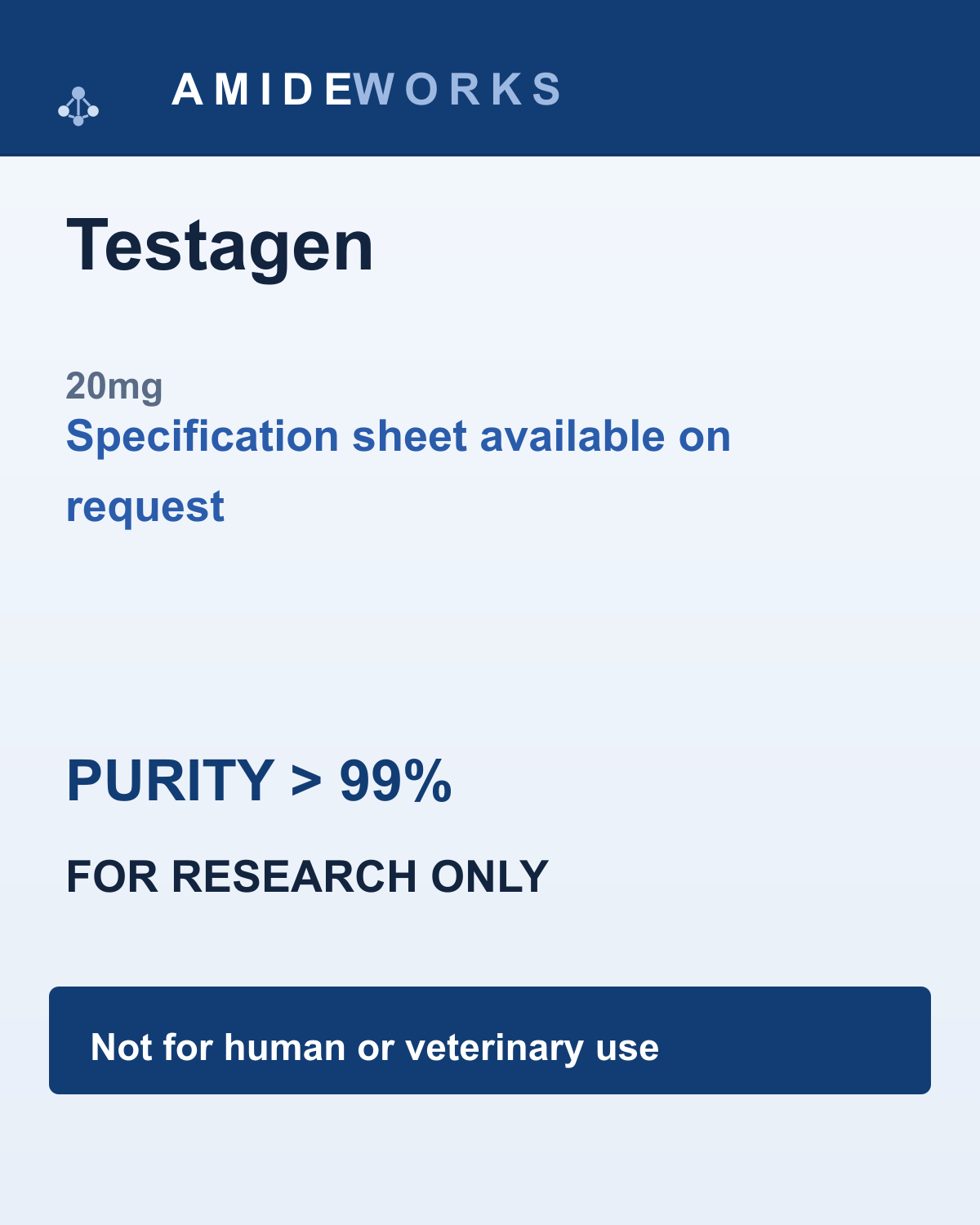 Testagen (20mg) — product label, purity above 99%, research use only