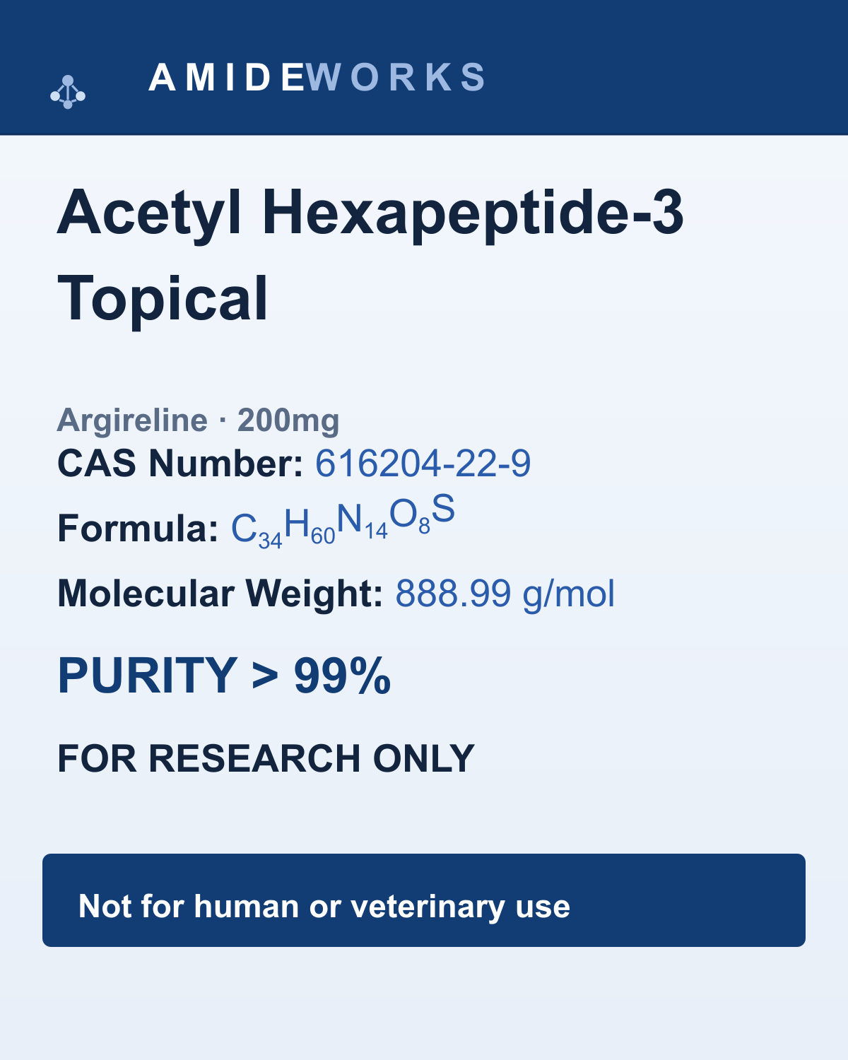 Acetyl Hexapeptide-3 (Argireline) Topical (200mg) — product label, purity above 99%, research use only